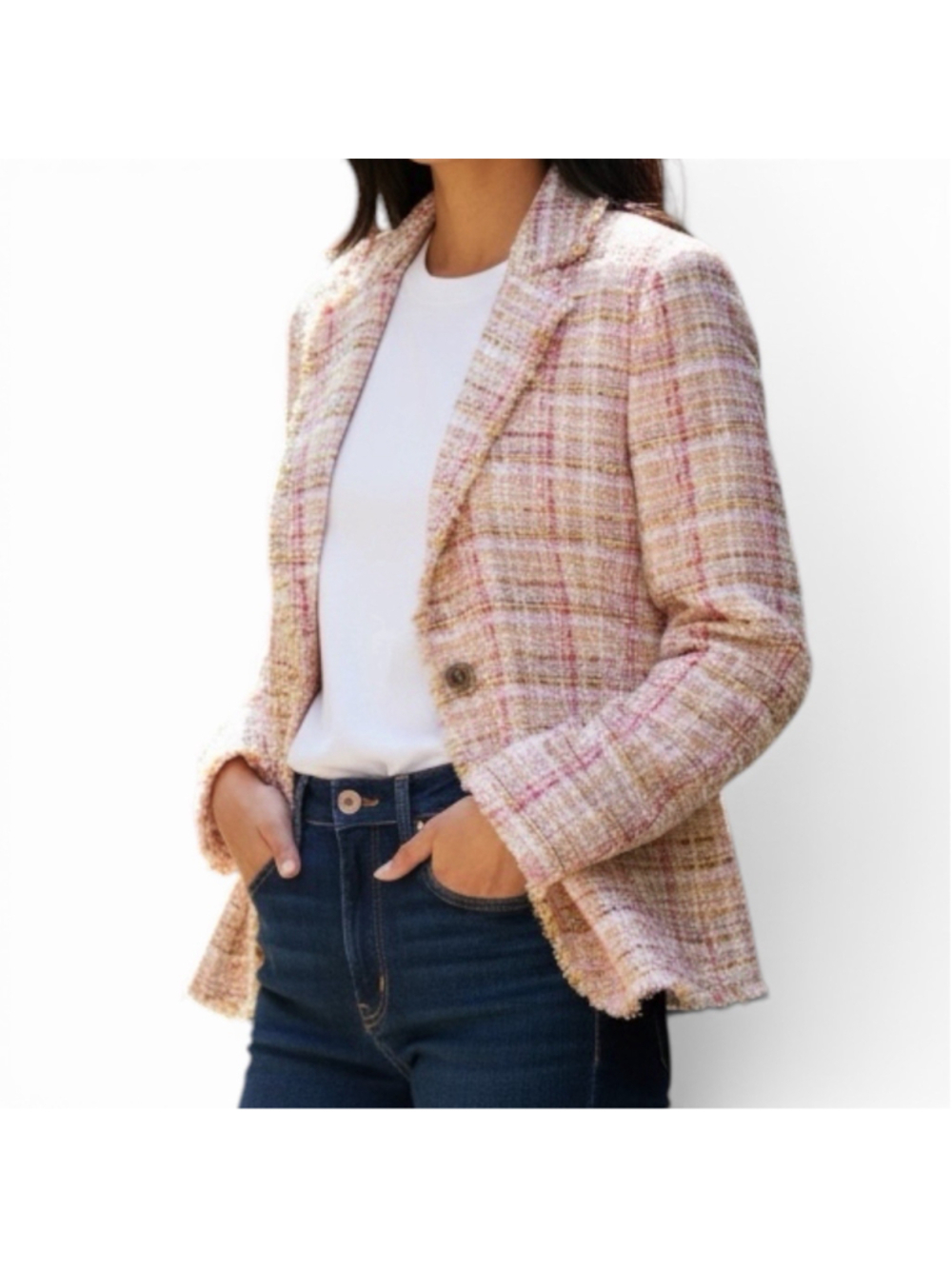 Jones New York Petite Coral Pink Tweed Fringe Blazer Jacket Size 8P Peach